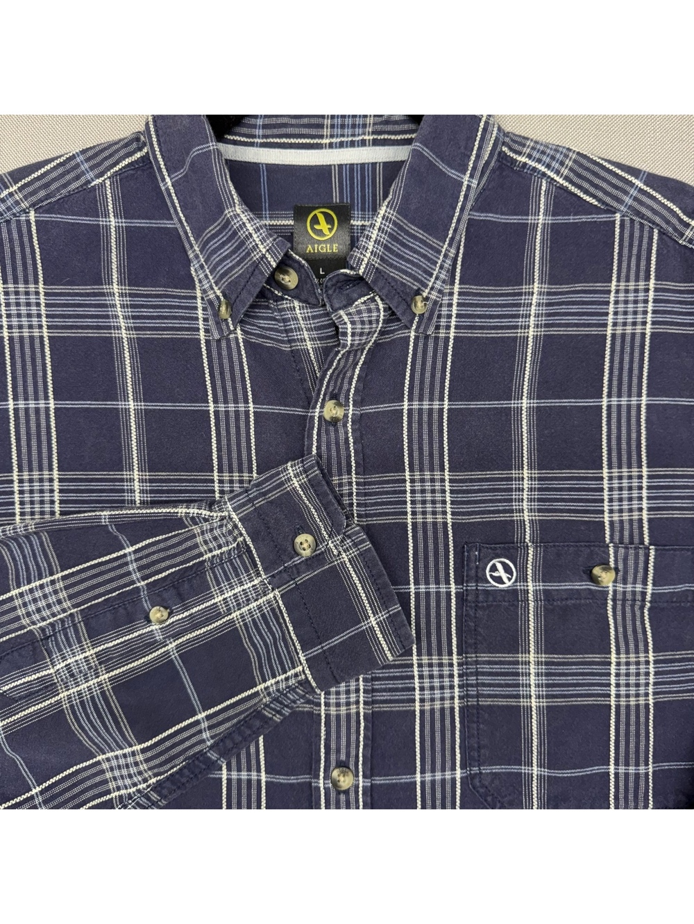Aigle Mens Large L Plaid Button Down Shirt Long Sleeve Navy Blue 100% Cotton
